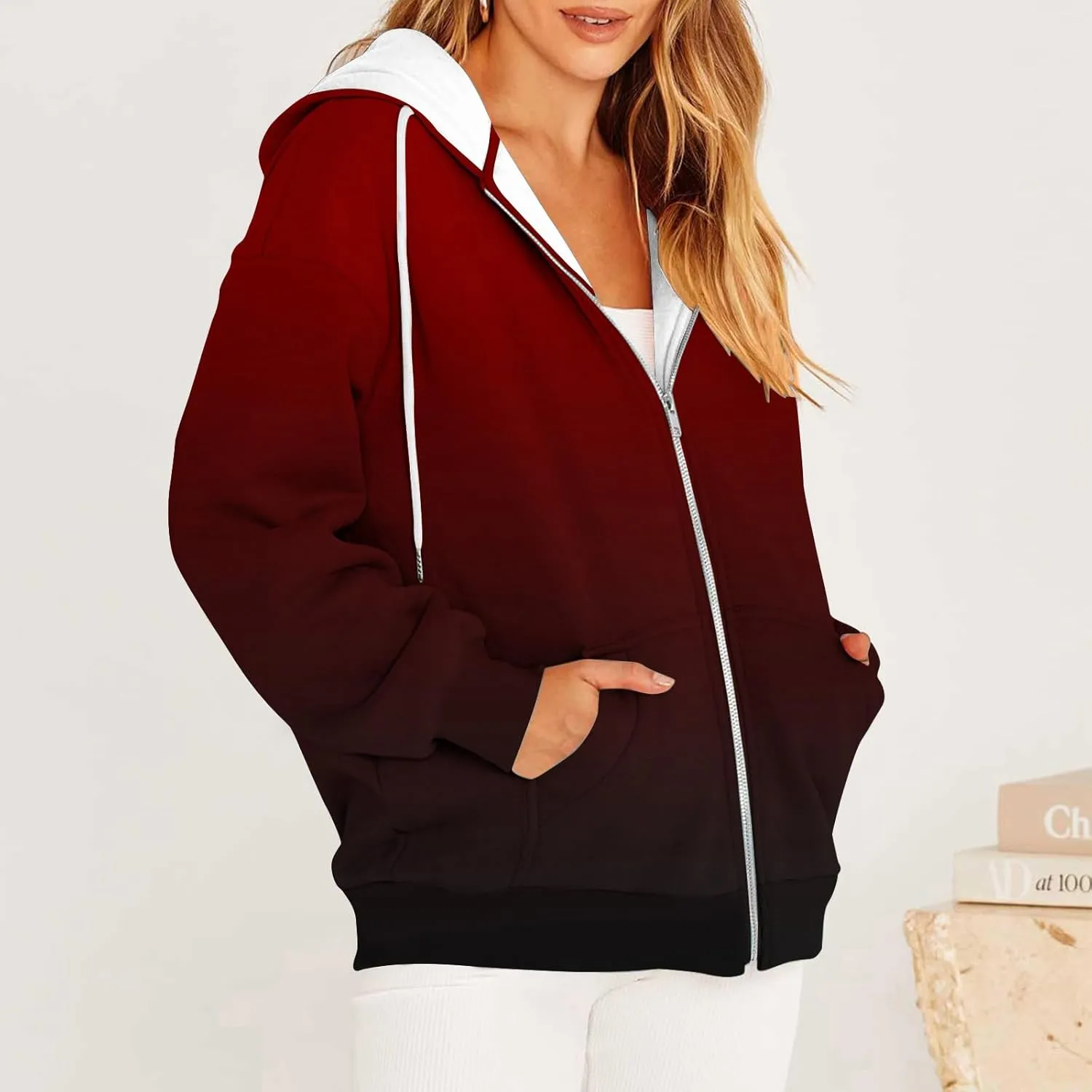 Fall Jackets for Women 2024 Casual Gradient Drawstring Hoodies Full Zip Heated Jackets with Pockets Outdoor