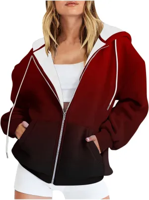 Fall Jackets for Women 2024 Casual Gradient Drawstring Hoodies Full Zip Heated Jackets with Pockets Outdoor