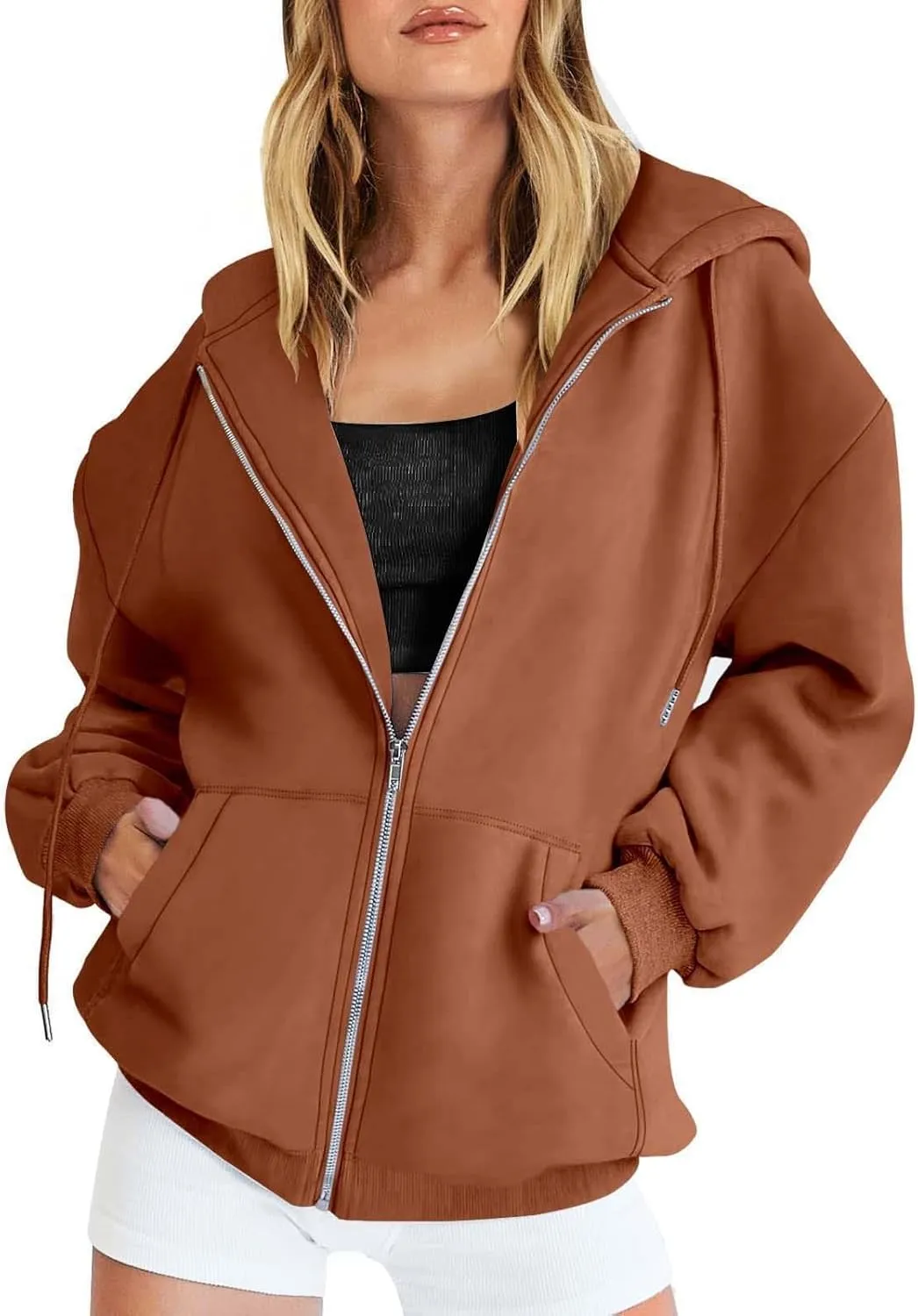Fall Oversized Jackets for Women Casual Solid Color Zip Up Open Front Long Sleeve Hooded Coat Fashion Chunky Hoodies
