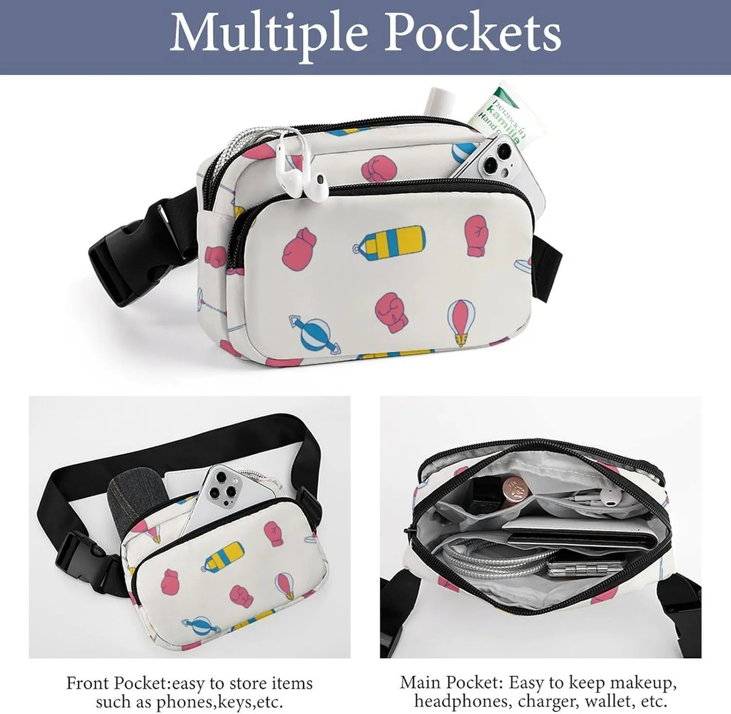 Fanny Pack for Women Men Pink Boxing Gloves Belt Bag Waist Pack Bum Bag for Running Cycling Hiking Travel Workout with Adjustable Strap