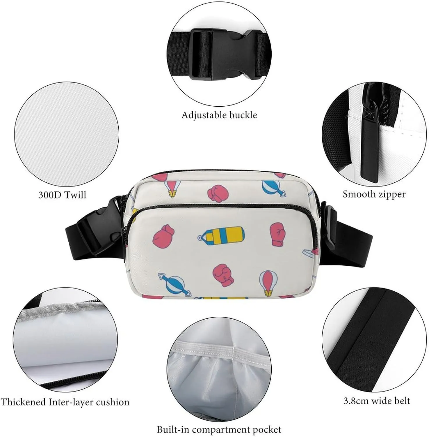 Fanny Pack for Women Men Pink Boxing Gloves Belt Bag Waist Pack Bum Bag for Running Cycling Hiking Travel Workout with Adjustable Strap