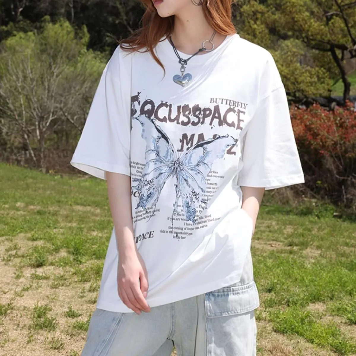 Fashion Cute Shirt Casual Vintage Y2K Aesthetic Butterfly Oversized Graphic Tees Womens T Shirts Loose Fit