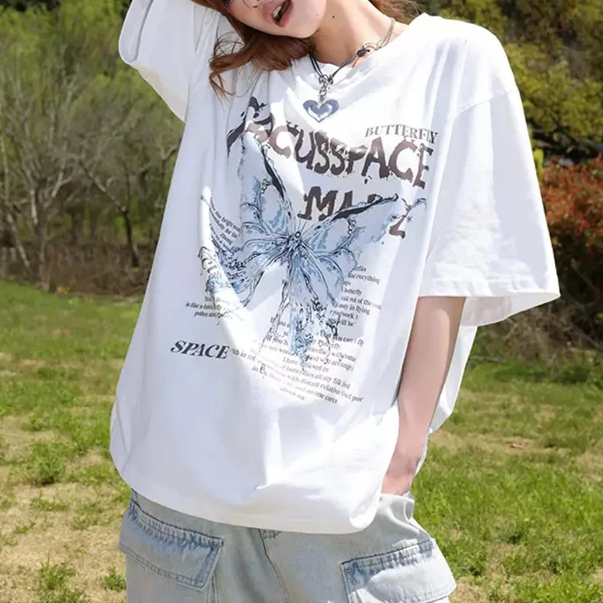 Fashion Cute Shirt Casual Vintage Y2K Aesthetic Butterfly Oversized Graphic Tees Womens T Shirts Loose Fit