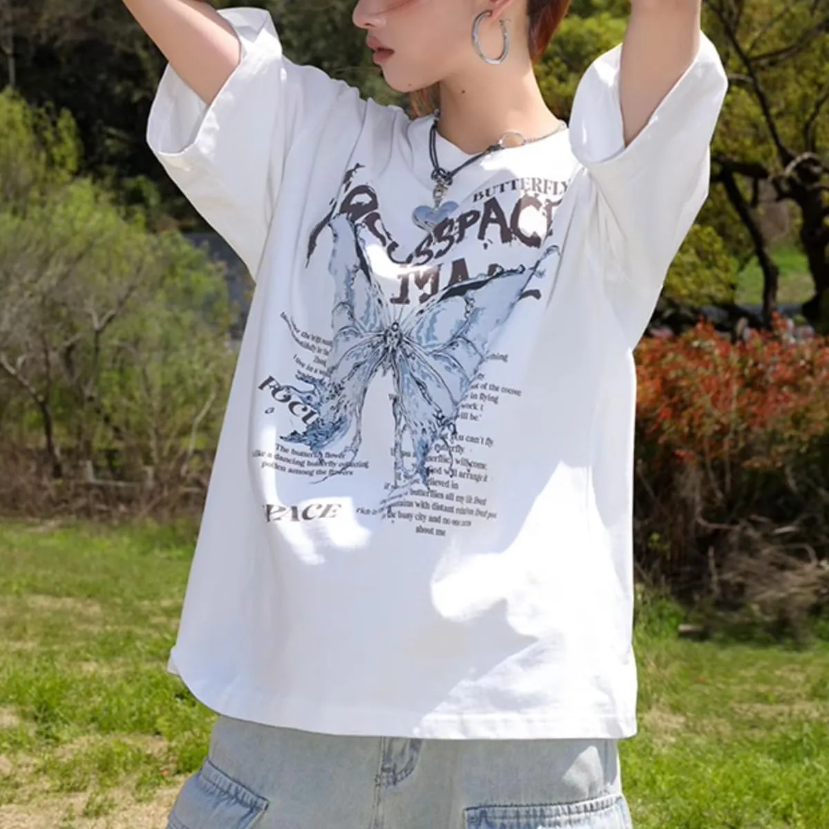 Fashion Cute Shirt Casual Vintage Y2K Aesthetic Butterfly Oversized Graphic Tees Womens T Shirts Loose Fit