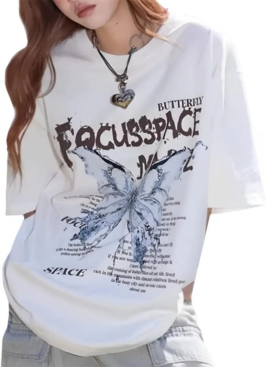 Fashion Cute Shirt Casual Vintage Y2K Aesthetic Butterfly Oversized Graphic Tees Womens T Shirts Loose Fit