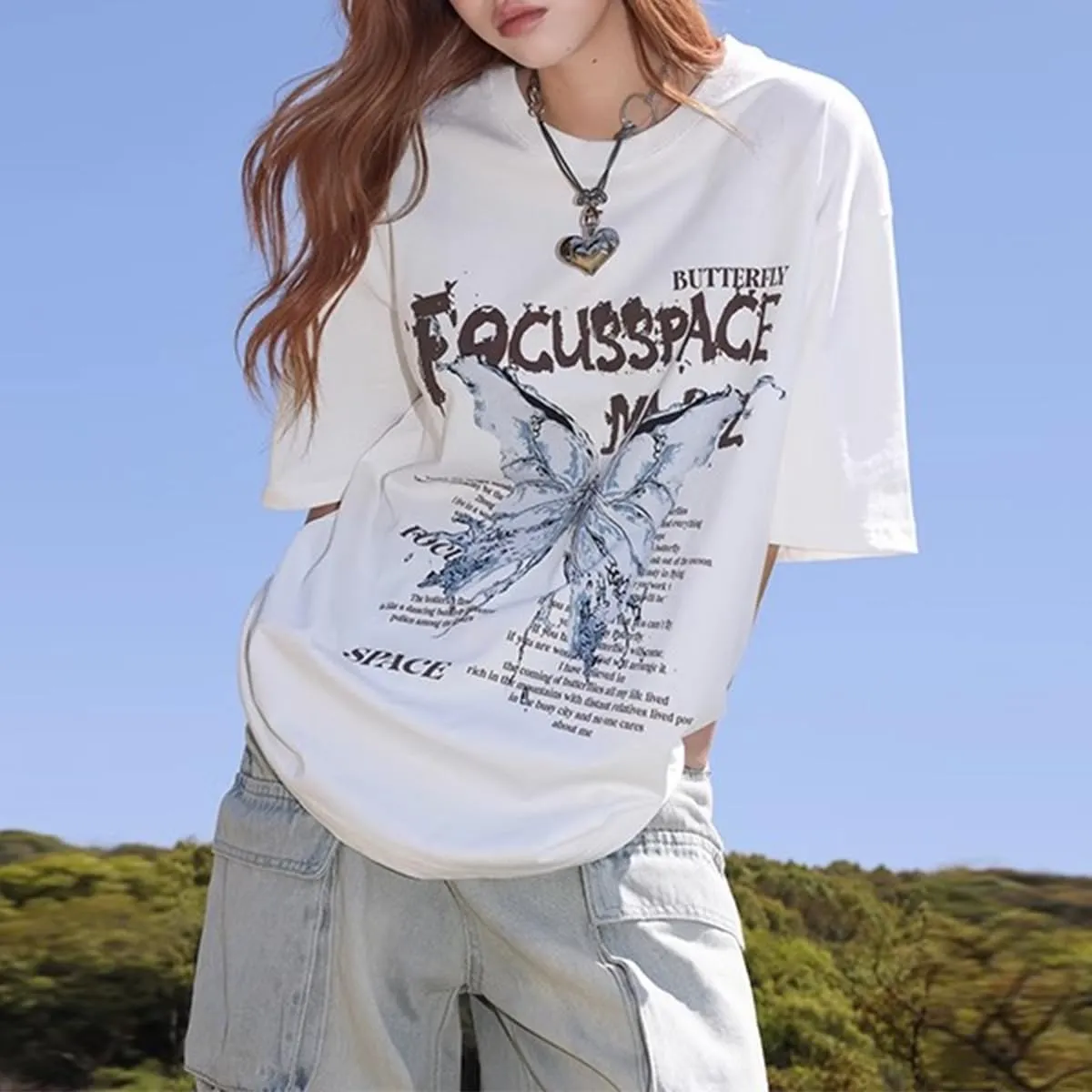 Fashion Cute Shirt Casual Vintage Y2K Aesthetic Butterfly Oversized Graphic Tees Womens T Shirts Loose Fit
