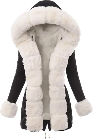 Fashion Furry Winter Coats for Women 2025 Faux Fur Neck Hooded Jacket Down Warm Coat Windbreaker Overcoat