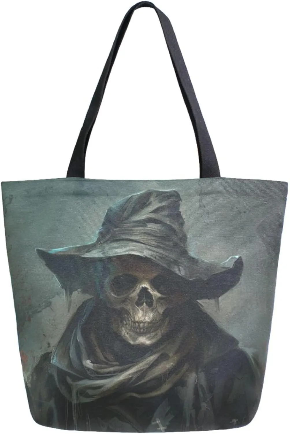Fashion Pattern Extra Large Shoulder Grocery Tote Bag, Fashion Death Skull Halloween Canvas Daily Handle Bag for Gym Weekender Beach Travel Kitchen Reusable Market Shopping