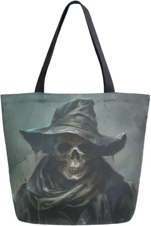 Fashion Pattern Extra Large Shoulder Grocery Tote Bag, Fashion Death Skull Halloween Canvas Daily Handle Bag for Gym Weekender Beach Travel Kitchen Reusable Market Shopping