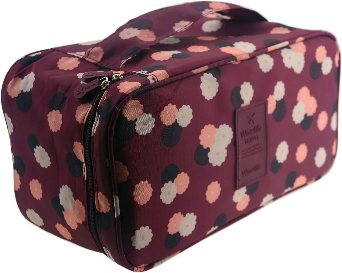 Fashion Portable Multi-Functional Travel Organizer Cosmetic Make-up Bag Luggage Storage Case Bra Underwear Pouch (Flower-Red)