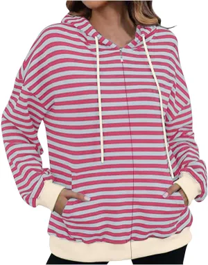 Fleece Jacket Women Color Block Striped Winter Coats Long Sleeve Zip up Jackets Casual Hooded Coat Pockets Outdoor
