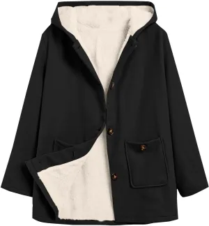 Fleece Jacket Women Solid Button Down Hooded Winter Coats Plush Long Sleeve Tops Blouse with Pockets Outerwear