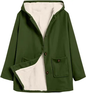 Fleece Jacket Women Solid Button Down Hooded Winter Coats Plush Long Sleeve Tops Blouse with Pockets Outerwear