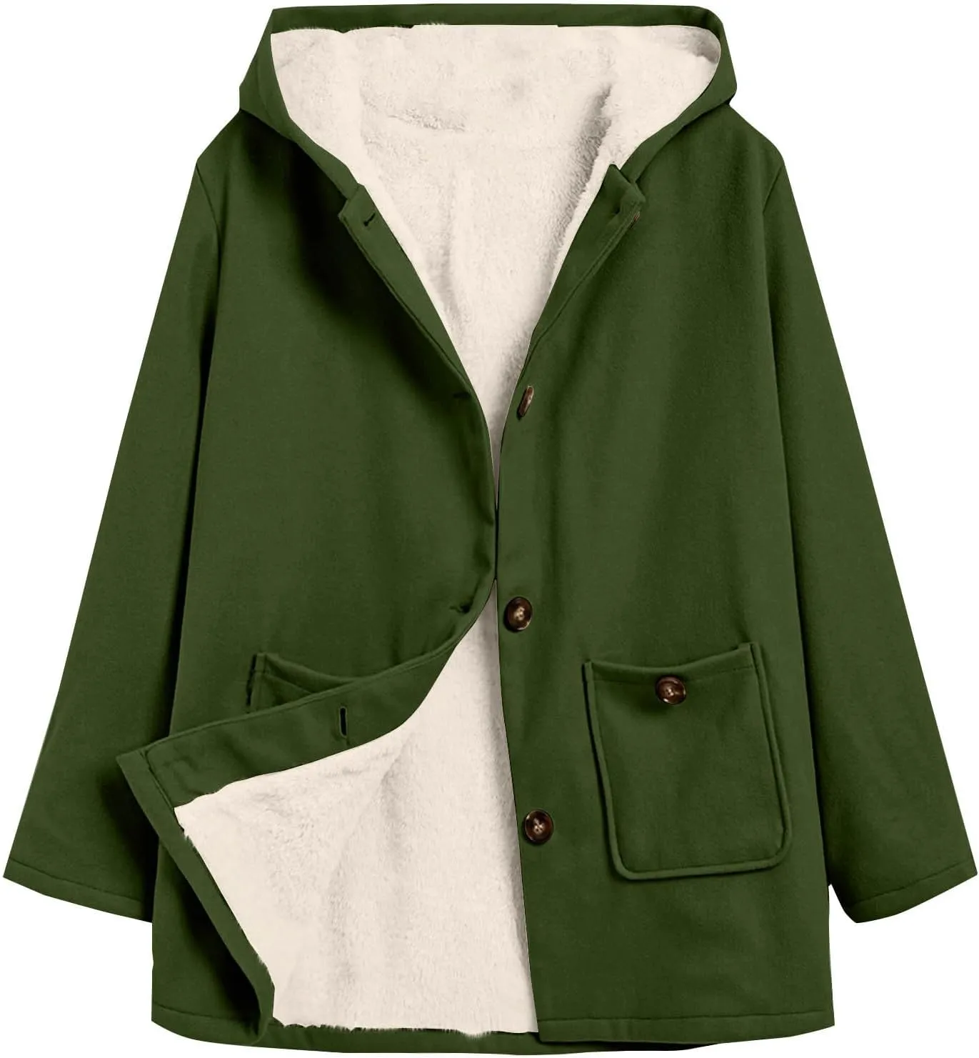 Fleece Jacket Women Solid Button Down Hooded Winter Coats Plush Long Sleeve Tops Blouse with Pockets Outerwear