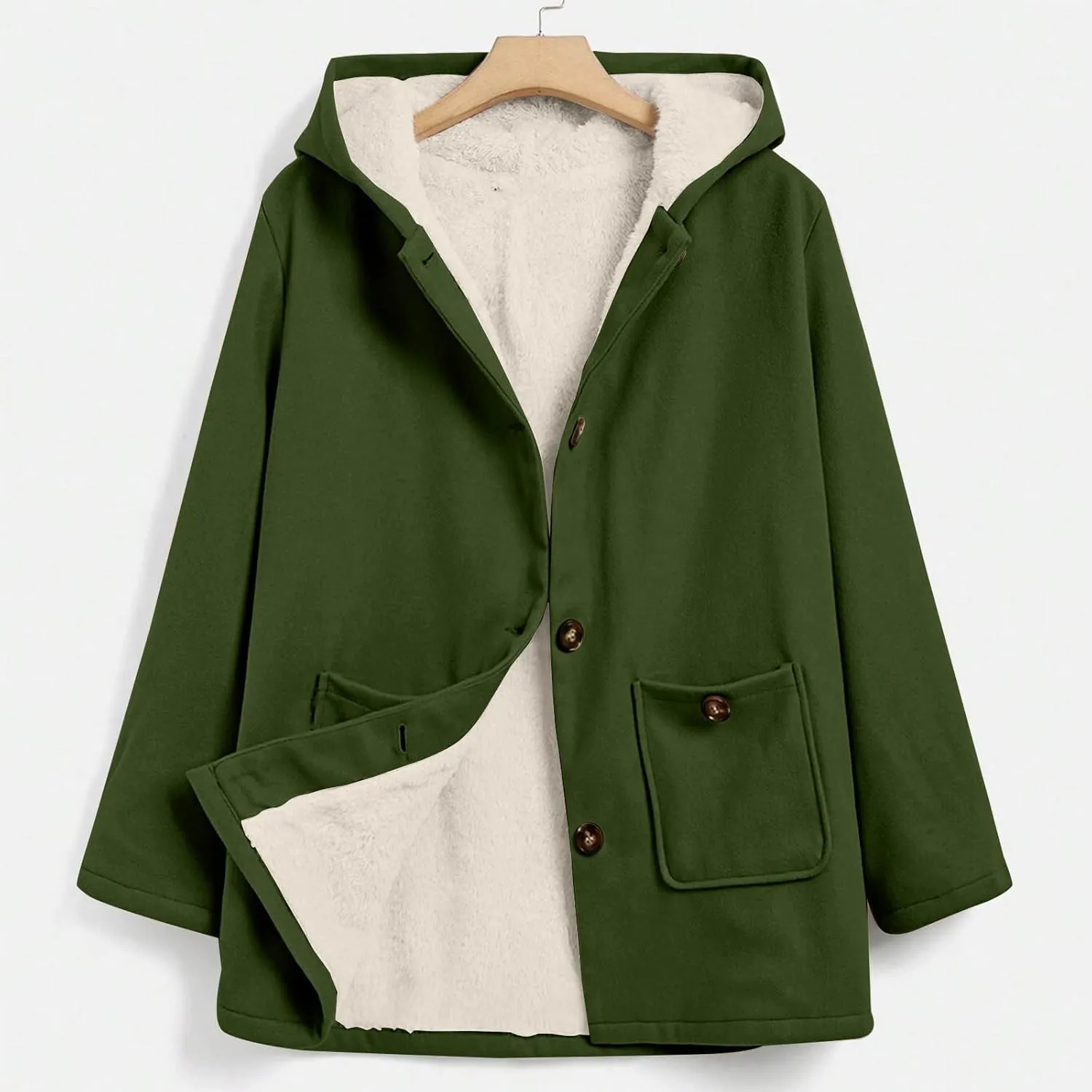 Fleece Jacket Women Solid Button Down Hooded Winter Coats Plush Long Sleeve Tops Blouse with Pockets Outerwear
