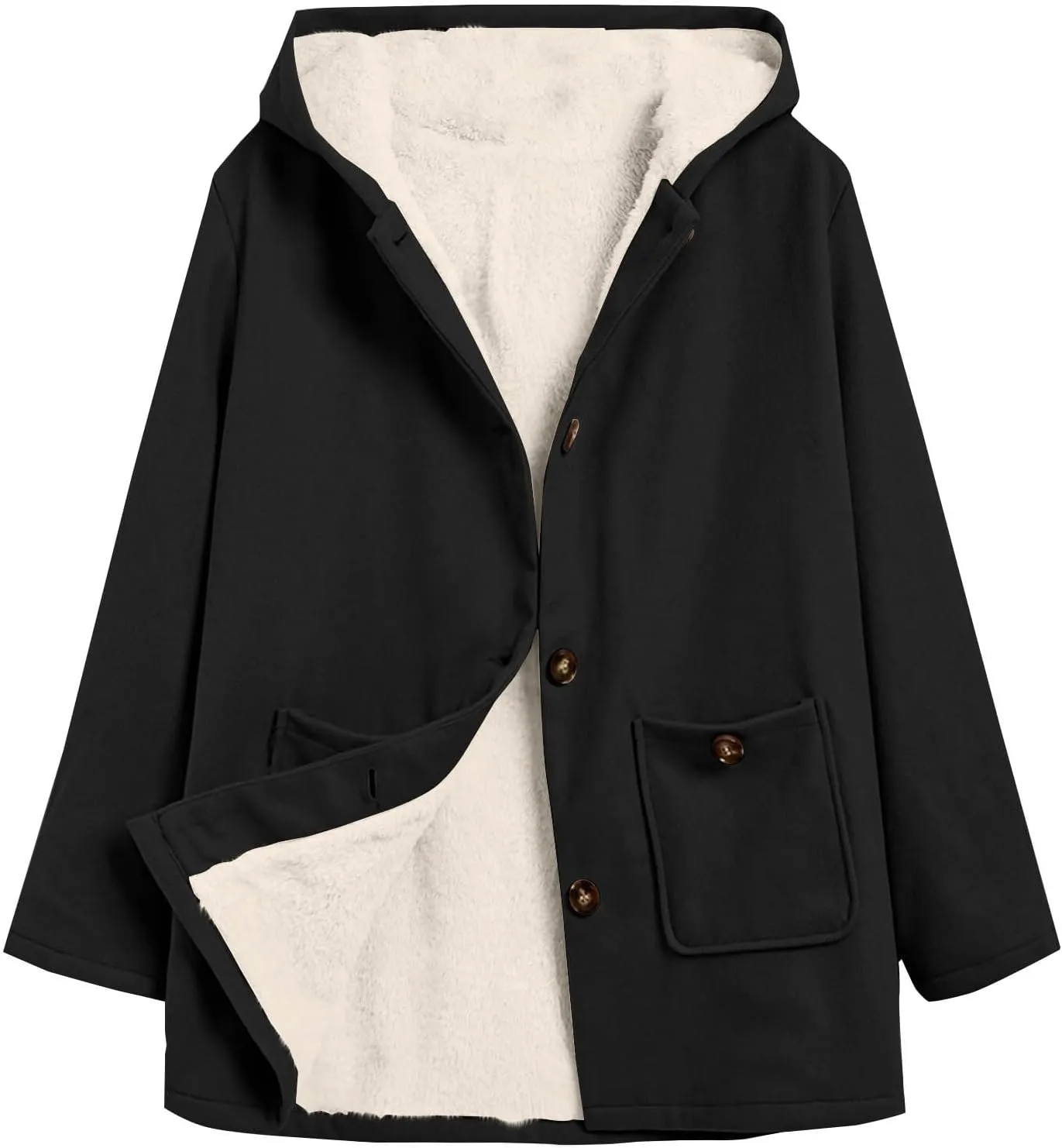 Fleece Jacket Women Solid Button Down Hooded Winter Coats Plush Long Sleeve Tops Blouse with Pockets Outerwear