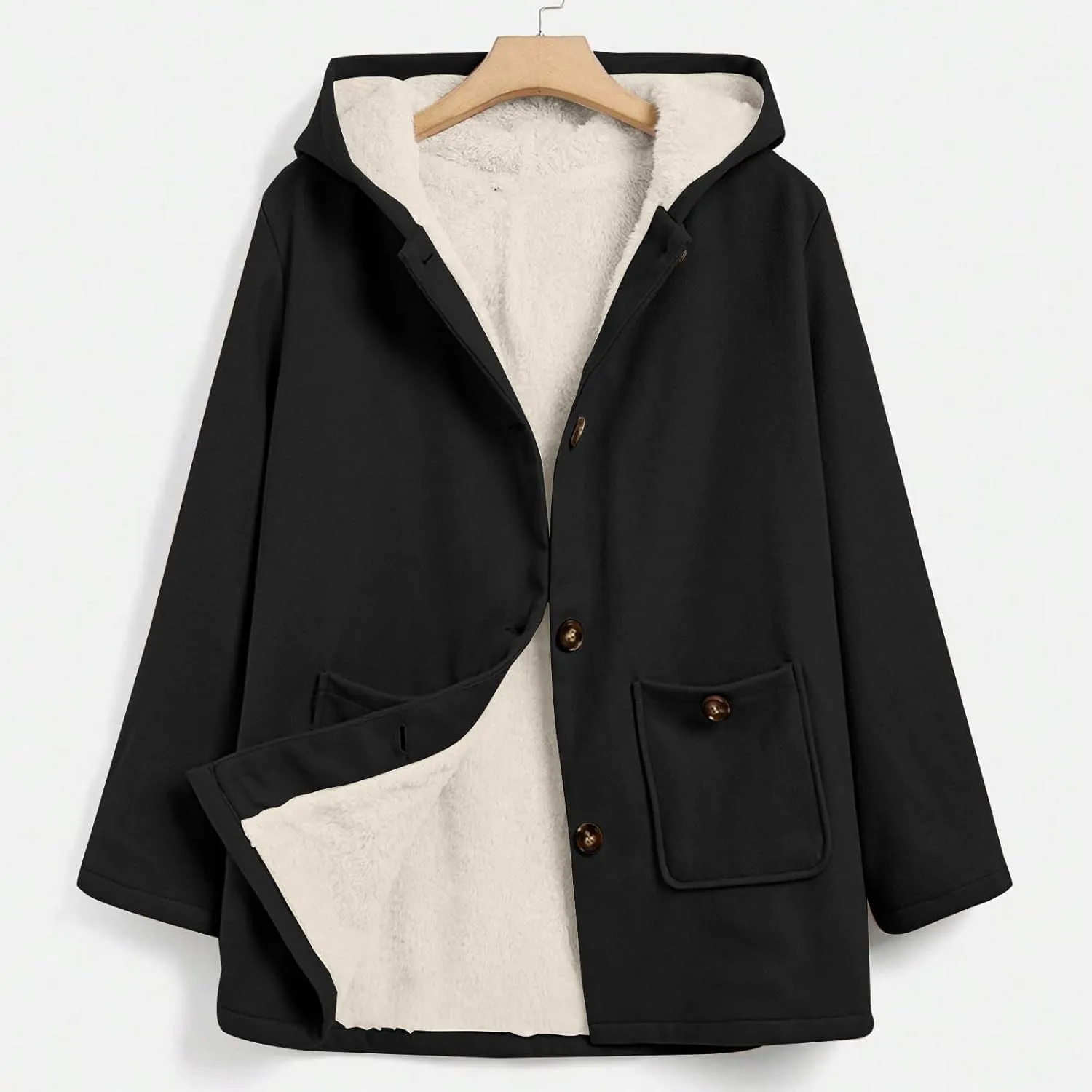 Fleece Jacket Women Solid Button Down Hooded Winter Coats Plush Long Sleeve Tops Blouse with Pockets Outerwear