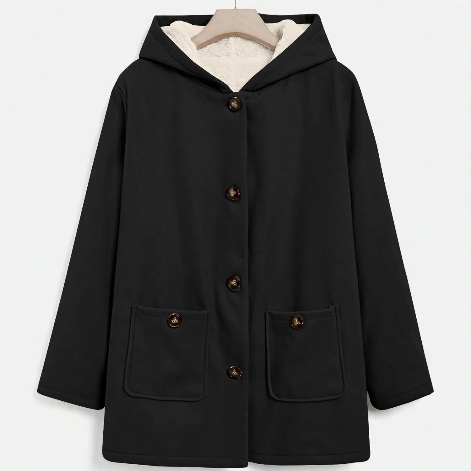 Fleece Jacket Women Solid Button Down Hooded Winter Coats Plush Long Sleeve Tops Blouse with Pockets Outerwear