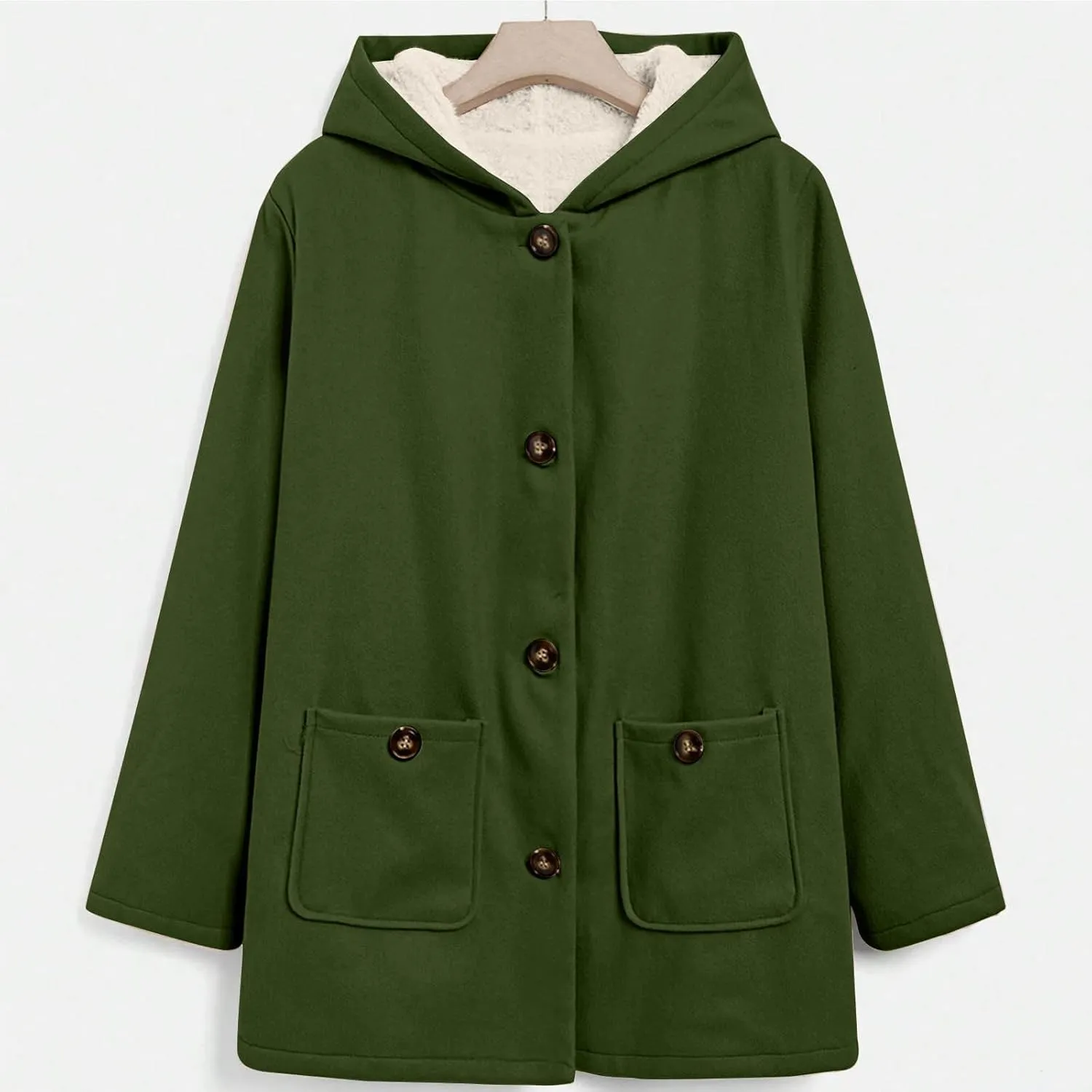 Fleece Jacket Women Solid Button Down Hooded Winter Coats Plush Long Sleeve Tops Blouse with Pockets Outerwear