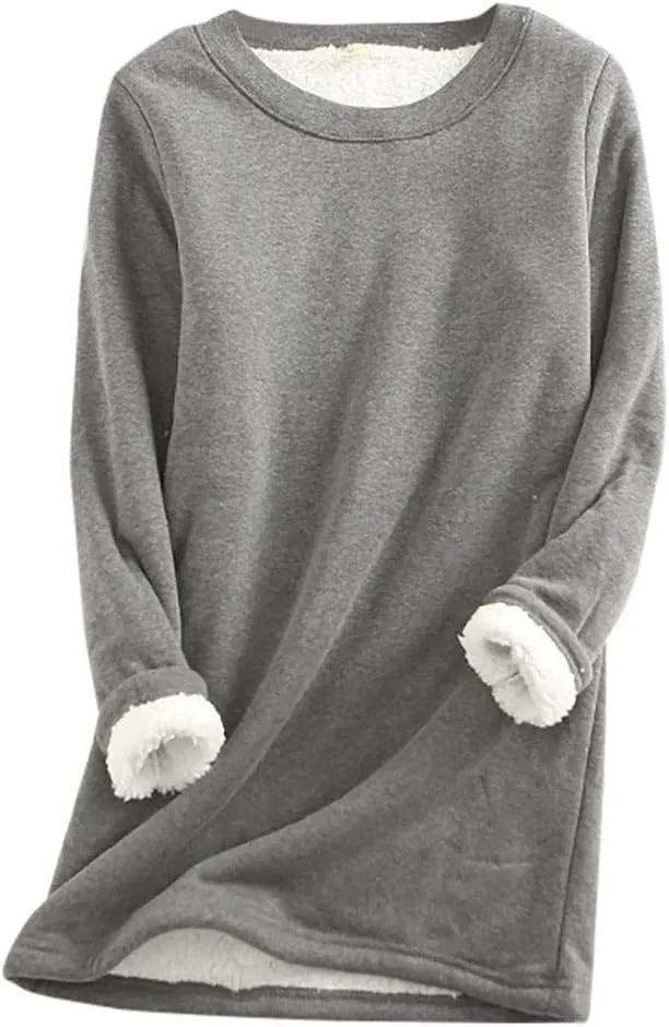 Fleece Lined Sweatshirt Women Winter Warm Sherpa Pullover Casual Crewneck Cute Fleece Pullover Long Sleeve Thermal Top