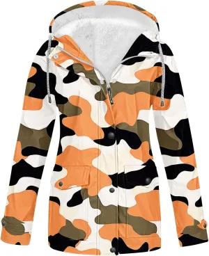 Fleece Linen Raincoats for Women Floral Waterproof Rain Jackets Warm Outdoor Windbreaker Fuzzy Rain Cotas for Winter