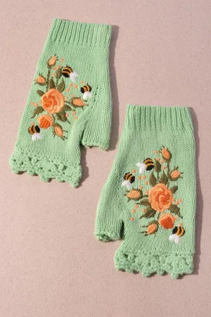 Floral Embroidered Fingerless Gloves (Green)