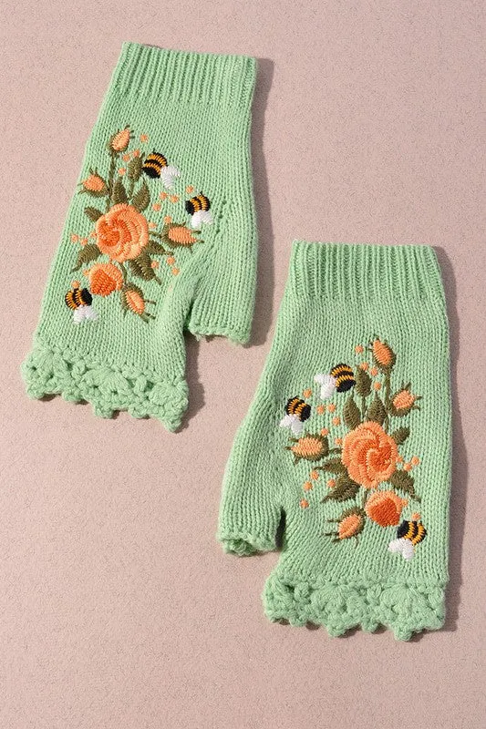 Floral Embroidered Fingerless Gloves (Green)