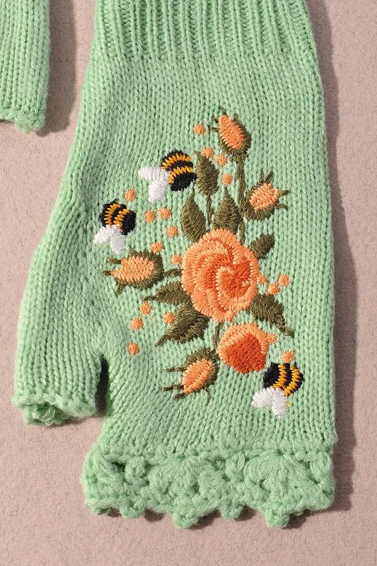 Floral Embroidered Fingerless Gloves (Green)