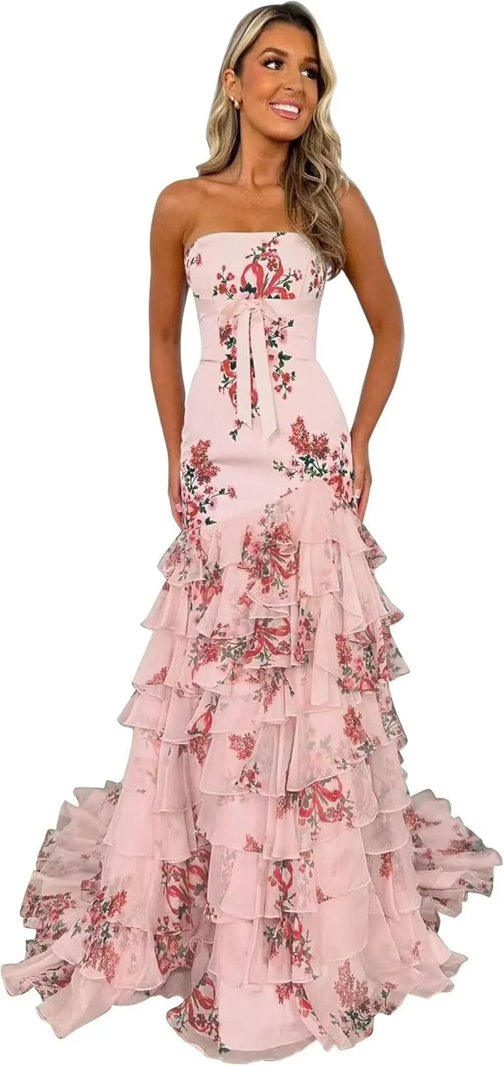Floral Print Ruffles Prom Dresses Strapless Mermaid Chiffon Tiered Long Formal Evening Gown with Slit