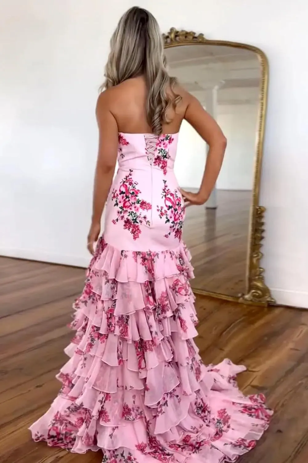 Floral Print Ruffles Prom Dresses Strapless Mermaid Chiffon Tiered Long Formal Evening Gown with Slit