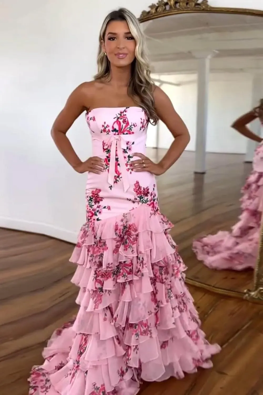 Floral Print Ruffles Prom Dresses Strapless Mermaid Chiffon Tiered Long Formal Evening Gown with Slit