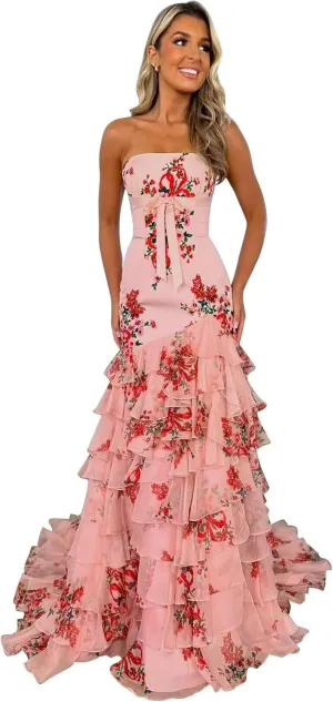Floral Print Ruffles Prom Dresses Strapless Mermaid Chiffon Tiered Long Formal Evening Gown with Slit
