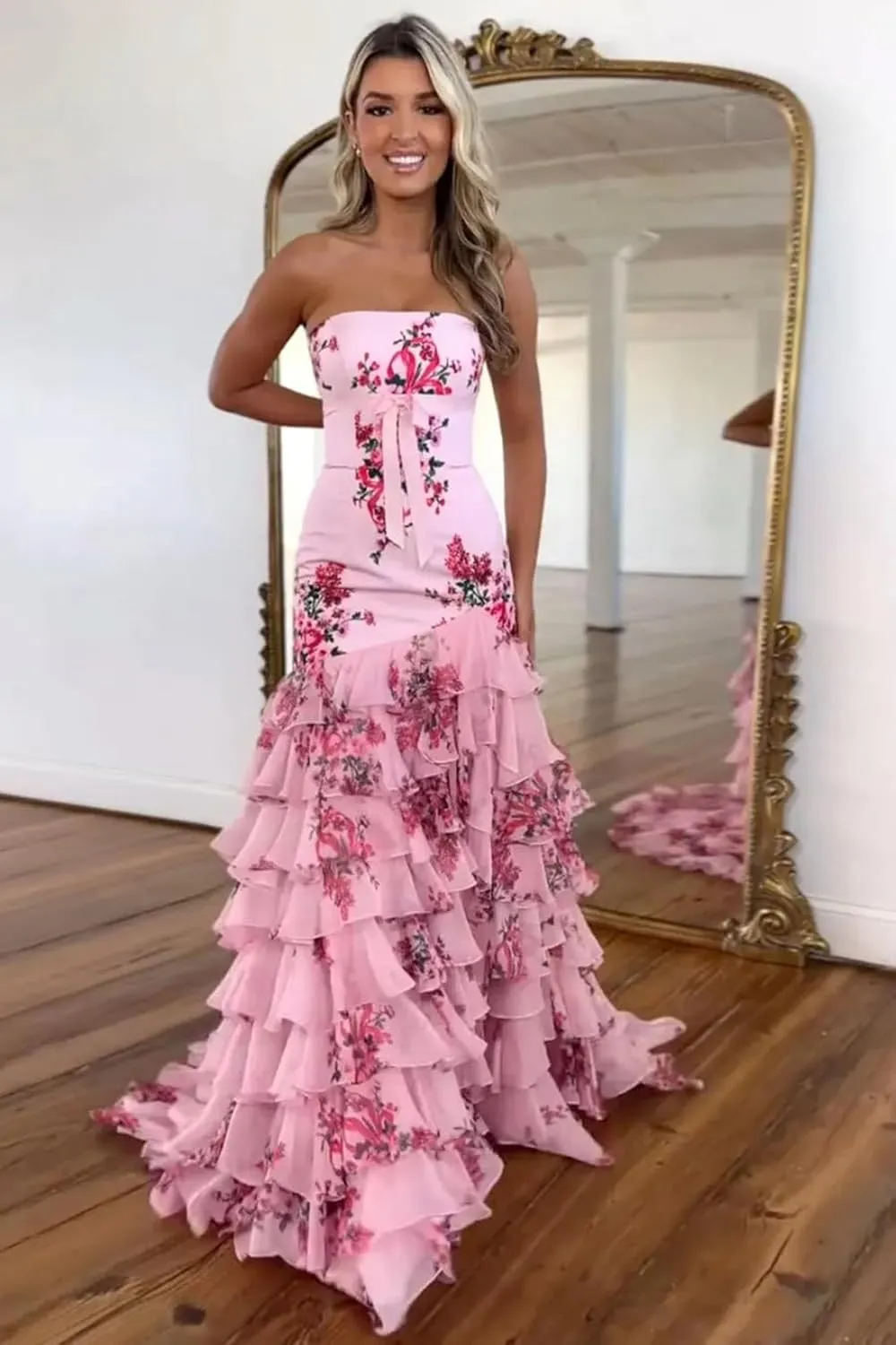 Floral Print Ruffles Prom Dresses Strapless Mermaid Chiffon Tiered Long Formal Evening Gown with Slit