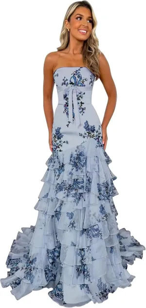Floral Print Ruffles Prom Dresses Strapless Mermaid Chiffon Tiered Long Formal Evening Gown with Slit