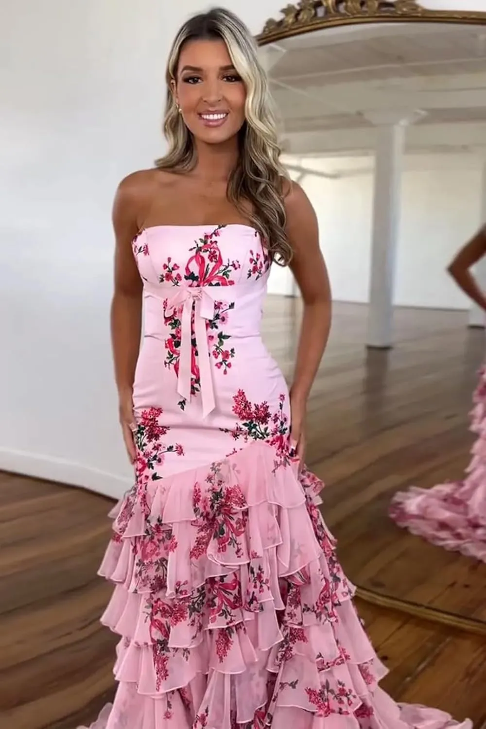 Floral Print Ruffles Prom Dresses Strapless Mermaid Chiffon Tiered Long Formal Evening Gown with Slit