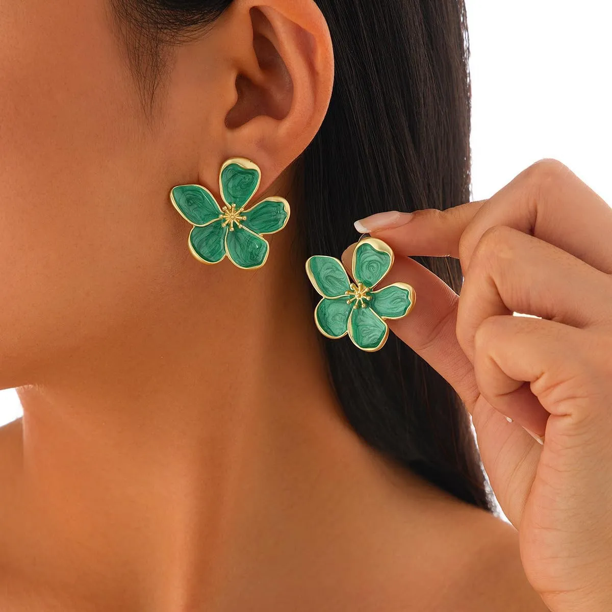 Flower Earrings for Women Large Statement Earrings for Women Gold Big Floral Earring Unique White Green Blue Pink Flower Stud Earring Fancy Trendy Jewelry