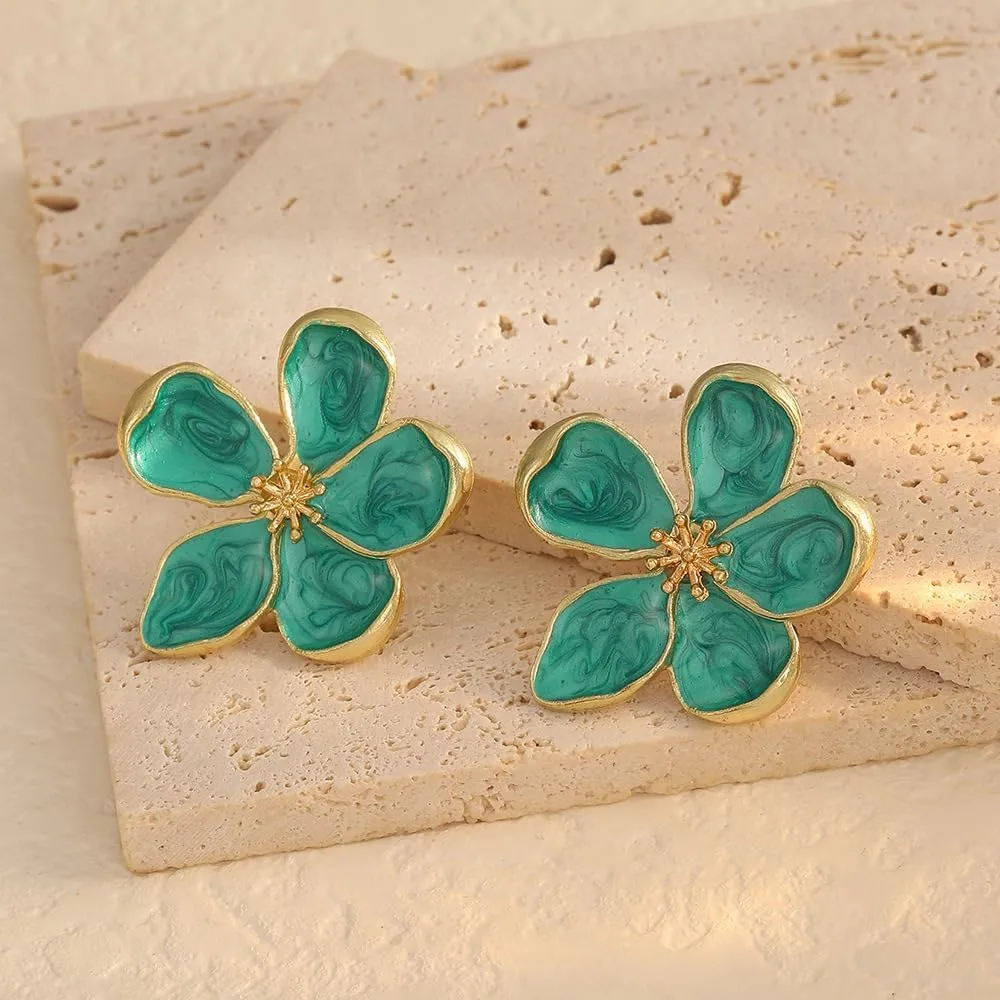 Flower Earrings for Women Large Statement Earrings for Women Gold Big Floral Earring Unique White Green Blue Pink Flower Stud Earring Fancy Trendy Jewelry
