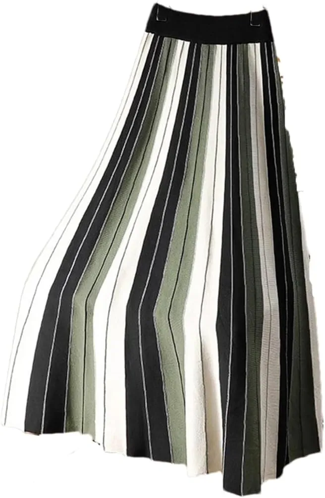 Fnfmrfmr Women Knitted Long Skirt Contrast Striped Print A Line High Waist Pleated Midi Skirt