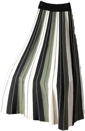Fnfmrfmr Women Knitted Long Skirt Contrast Striped Print A Line High Waist Pleated Midi Skirt