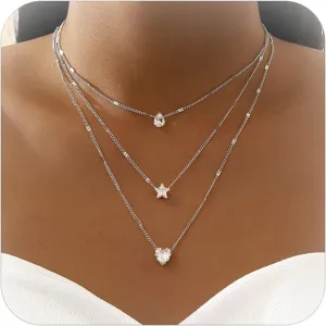 Frodete Layered Necklaces for Women Star Rhinestone Pendant Layered Choker Necklaces Multi Dainty Boho Necklaces for Women Layered Summer Beach Layered Necklaces for Women Trendy