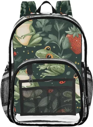 Frogs and Strawberry Clear Backpack with Back Print, Heavy Duty See Through Backpacks PVC Transparent Daypack for Travel Security