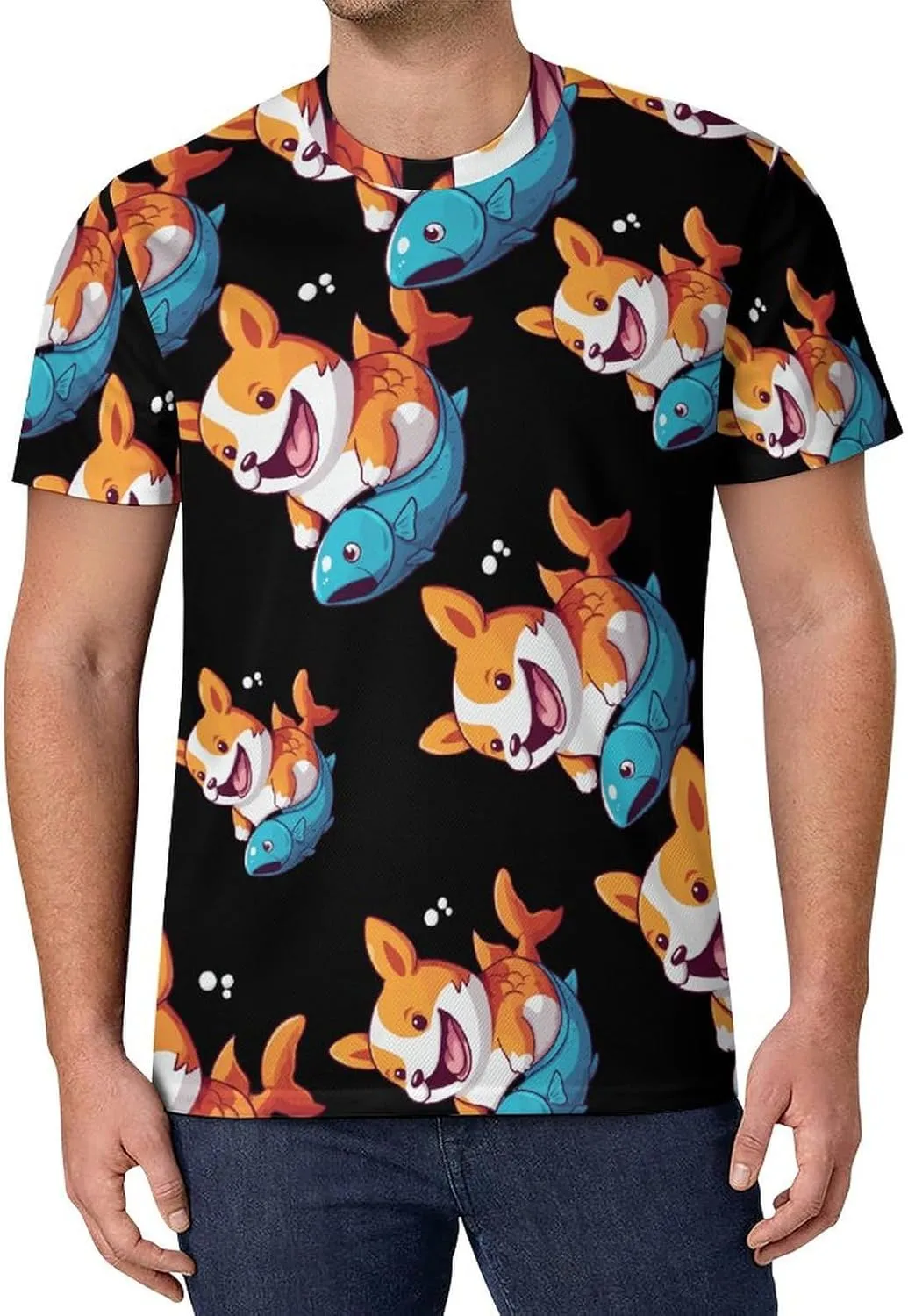 Funny Corgi Mermaid Men's T-Shirts Short Sleeve Tee Hawaiian Shirt Athletic Workout Tops Undershirts