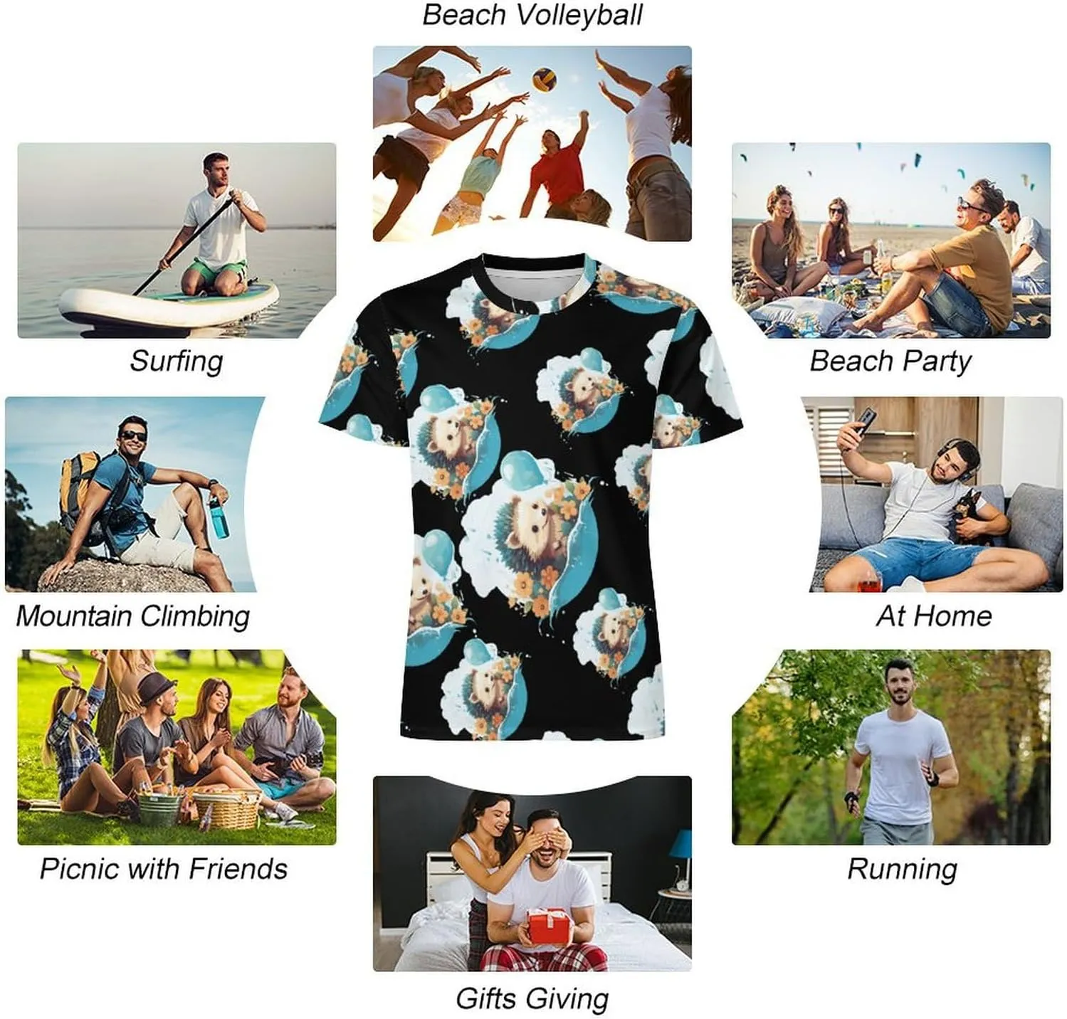 Funny Hedgehog Balloons Men's T-Shirts Short Sleeve Tee Hawaiian Shirt Athletic Workout Tops Undershirts