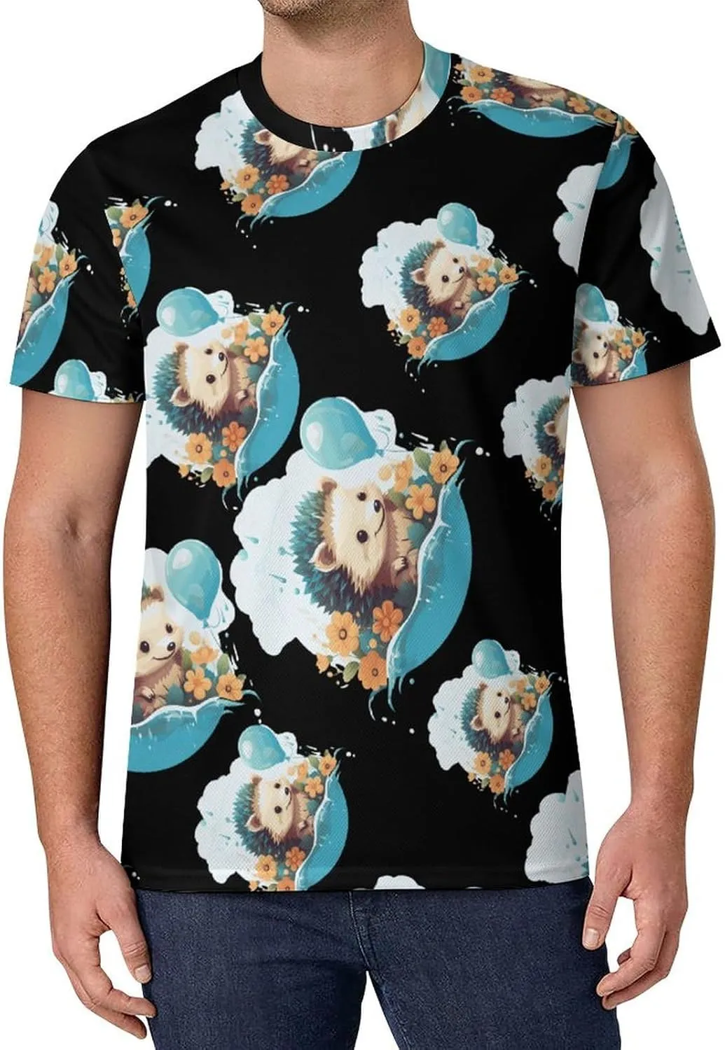 Funny Hedgehog Balloons Men's T-Shirts Short Sleeve Tee Hawaiian Shirt Athletic Workout Tops Undershirts