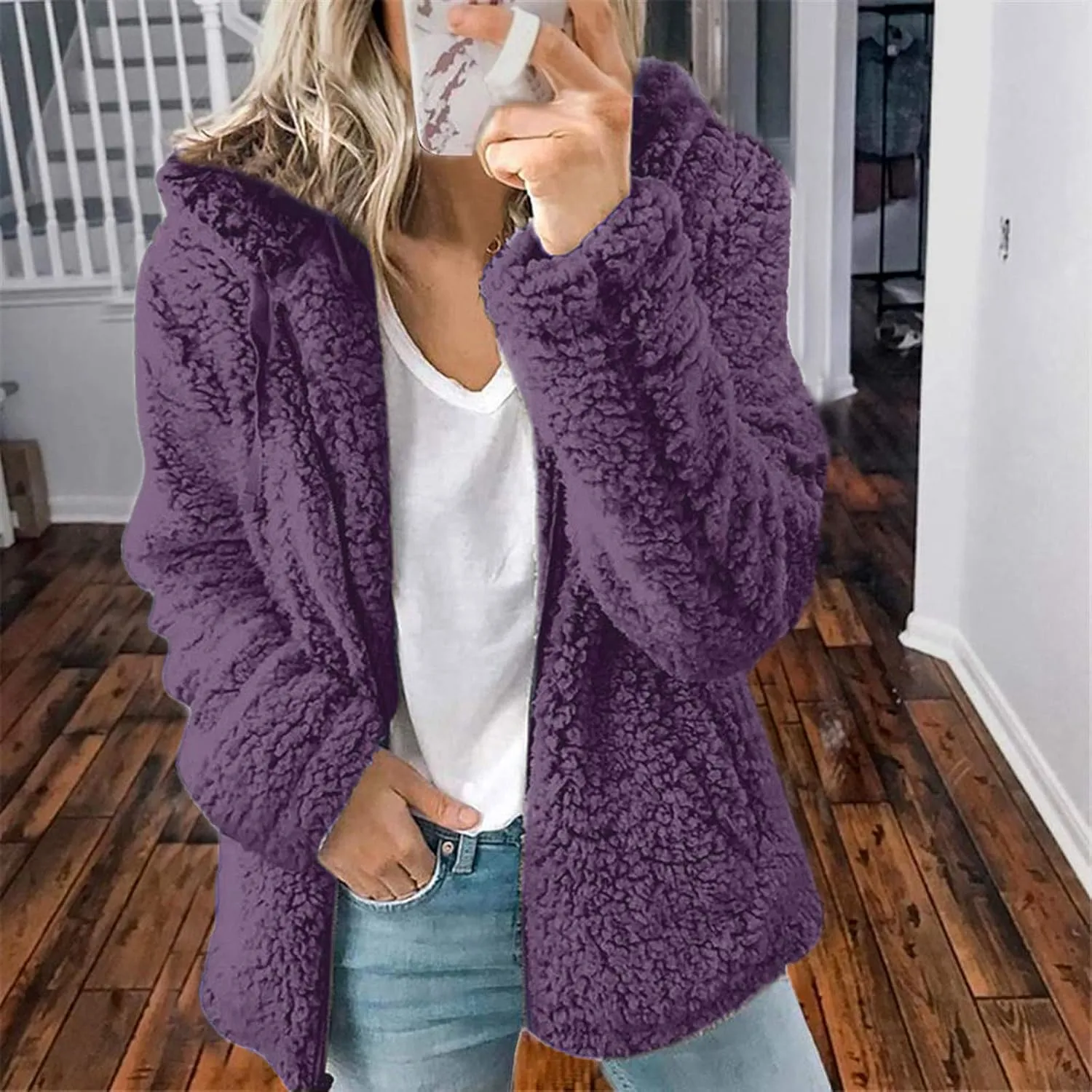 Fur Jackets for Women Sherpa Lined Warm Full Zip Winter Jackets Casual Open Front Cardigan Jacket Plus Size Plush Coats