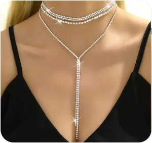 FUTIMELY Boho Layered Rhinestone Necklaces for Women Long Pendant Y-Necklaces Crystal Choker Chain Statement Necklaces Wedding Bridal Jewerly