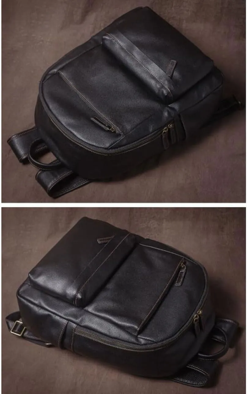 Genuine Leather Backpacks Mens Laptop Bags Briefcases Bookbags Computers Bags Travel Bags Casual Daypack 15.7Inch(Black)