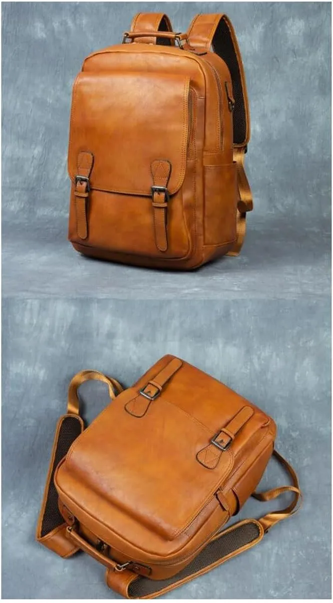 Genuine Leather Backpacks Mens Laptop Bags Briefcases Bookbags Computers Bags Travel Bags Casual Daypack 16.9Inch(Brown-2)