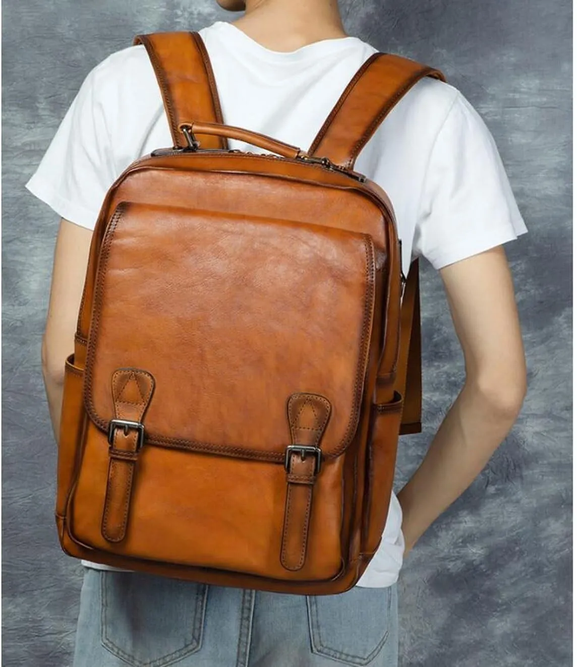 Genuine Leather Backpacks Mens Laptop Bags Briefcases Bookbags Computers Bags Travel Bags Casual Daypack 16.9Inch(Brown-2)
