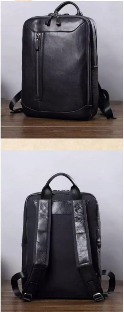 Genuine Leather Backpacks Mens Laptop Bags Briefcases Travel Bags Casual Daypack Bookbags Computers Bags 15.7Inch(Black)